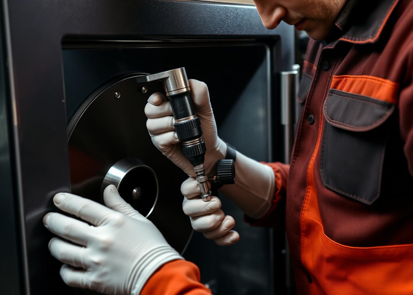 Techniker öffnet einen Tresor mit Endoskop und Präzisionsbohrgerät